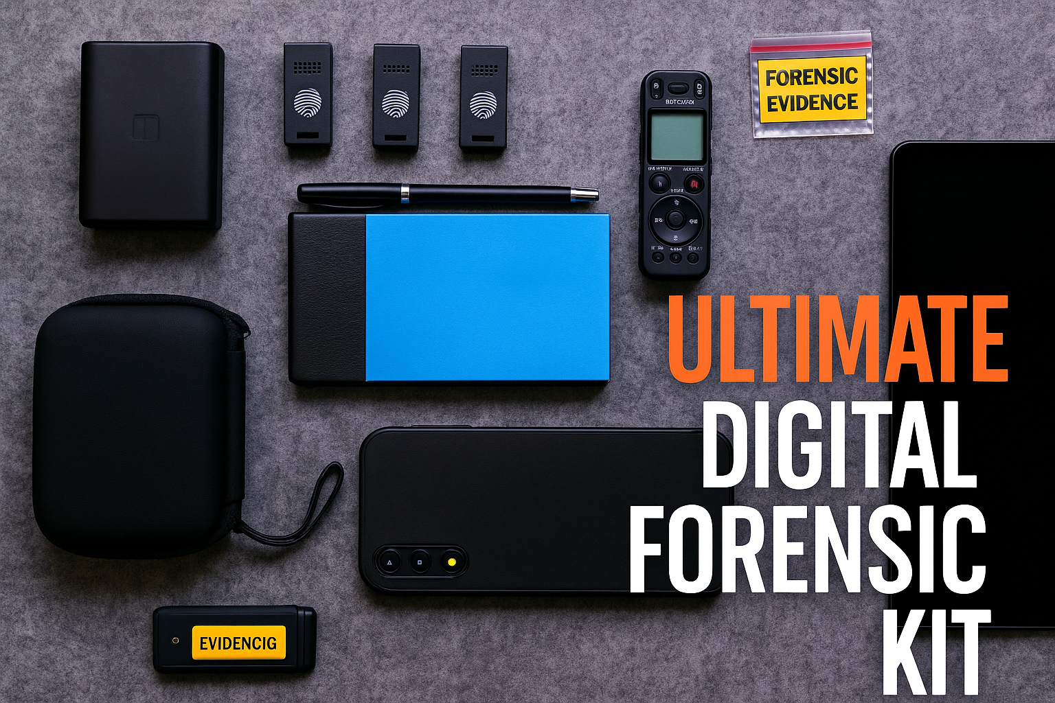 Digital Forensic Kit for Data Recovery & Investigation digital forensic kit with laptop, USB analyzer, and write blocker on desk