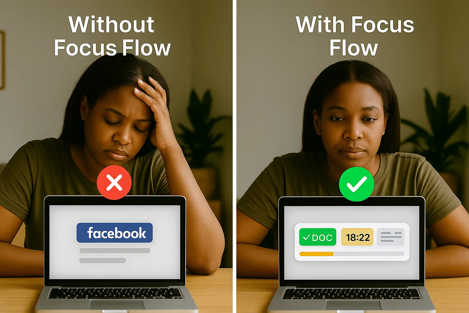 Focus Flow Chrome Extension – From Social Media to Productive Writing Before and after using Focus Flow as a blogger distracted by Facebook