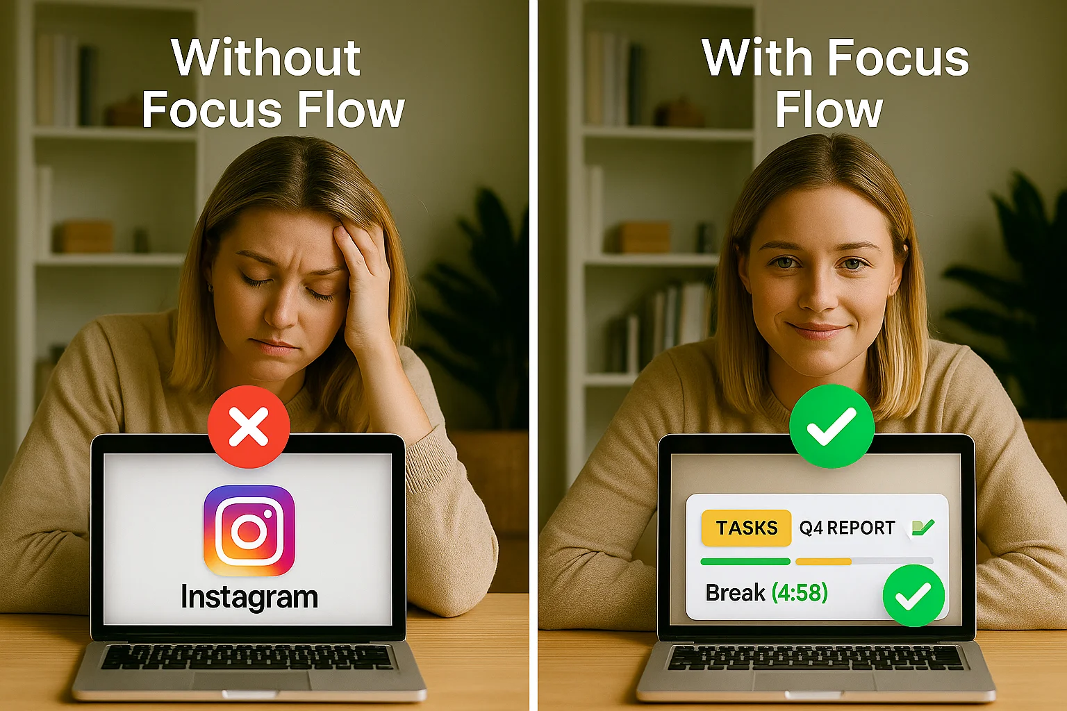 Focus Flow Chrome Extension – Instagram Distraction vs Task Completion Before and after using Focus Flow as a copywriter distracted by Instagram