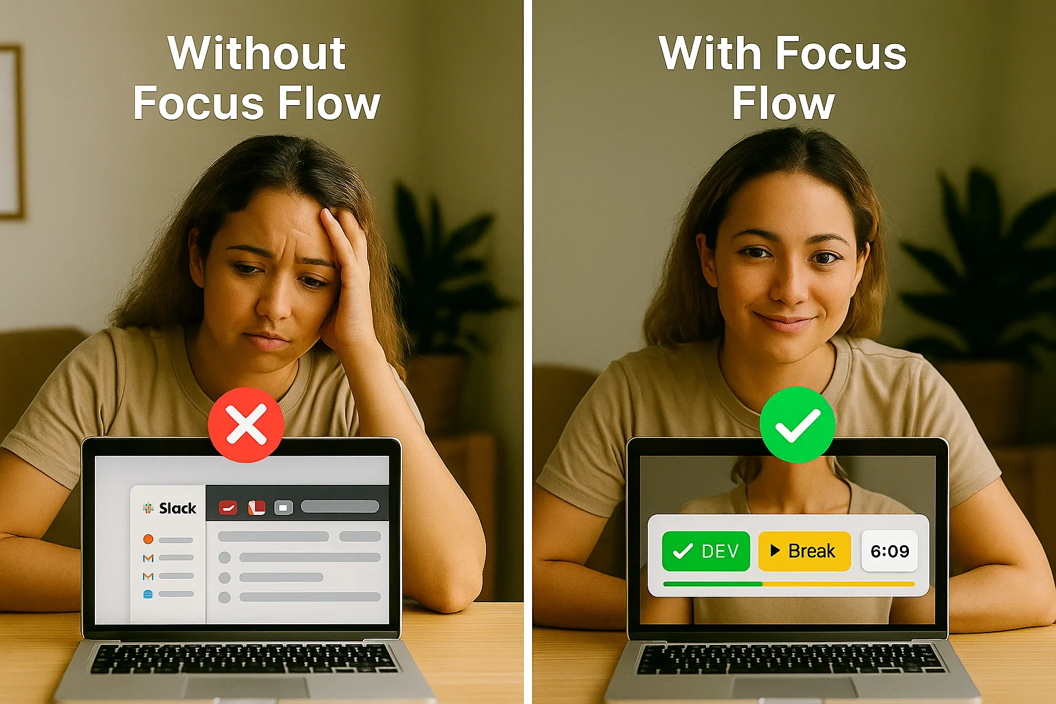 Focus Flow Chrome Extension – From Communication Overload to Tab Control Before and after using Focus Flow as a remote project manager