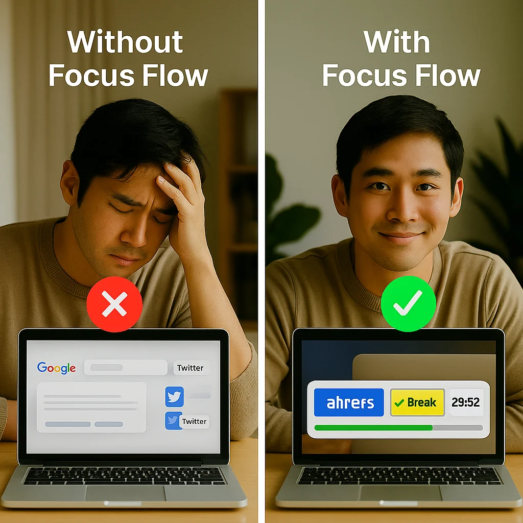 Focus Flow Chrome Extension – From SERP Distractions to Focused SEO Work Before and after using Focus Flow as an SEO analyst