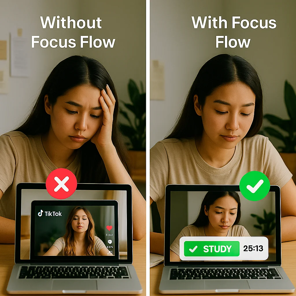 Focus Flow Chrome Extension – Student Procrastination vs Deep Focus Before and after using Focus Flow as a distracted student