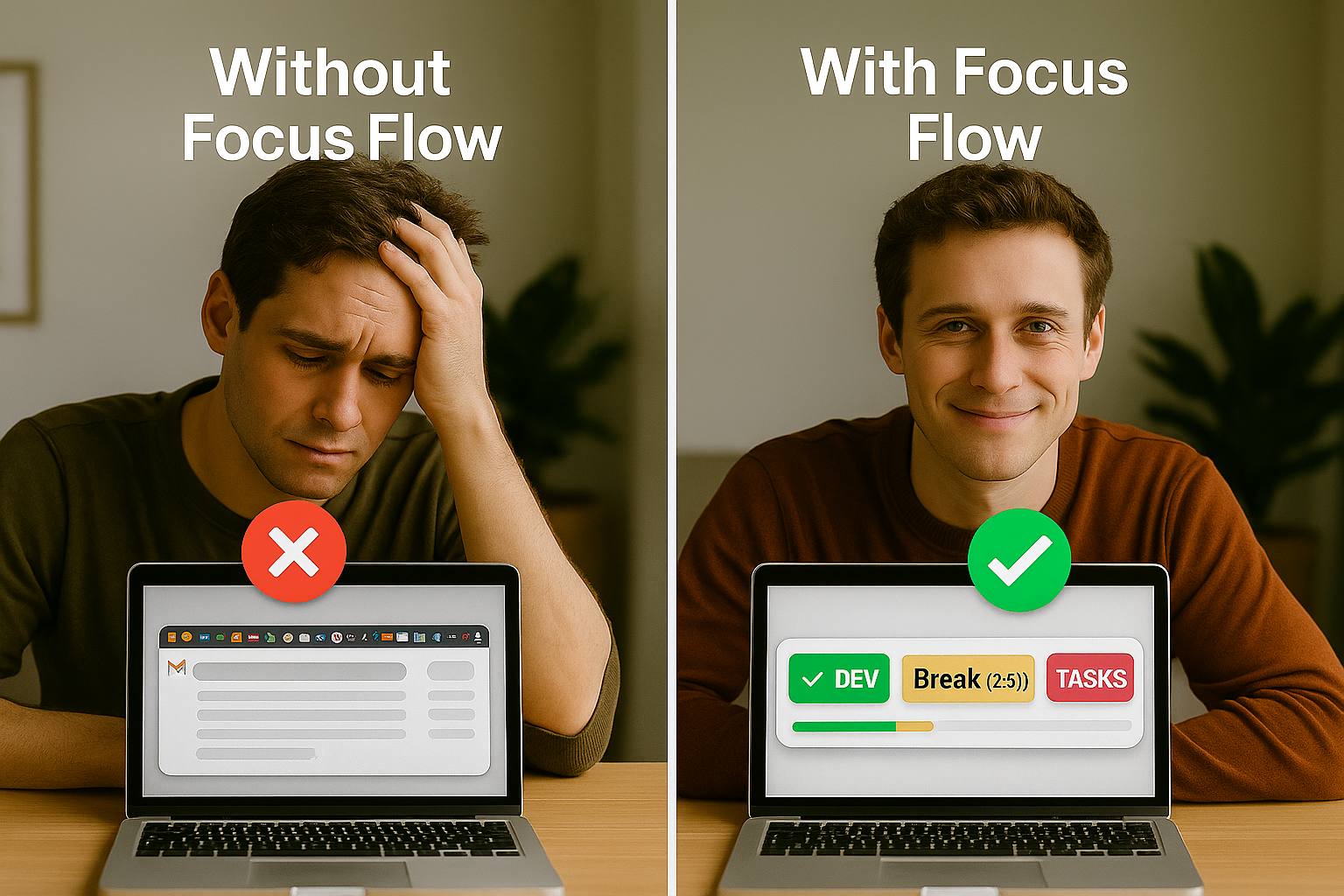 Focus Flow Chrome Extension – Developer Focus Comparison Before and after using Focus Flow as a junior developer
