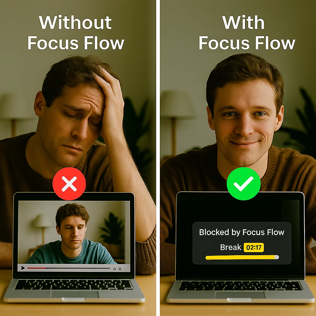 Focus Flow Chrome Extension – YouTube Distraction Blocked by Focus Timer Before and after using Focus Flow to escape YouTube rabbit holes