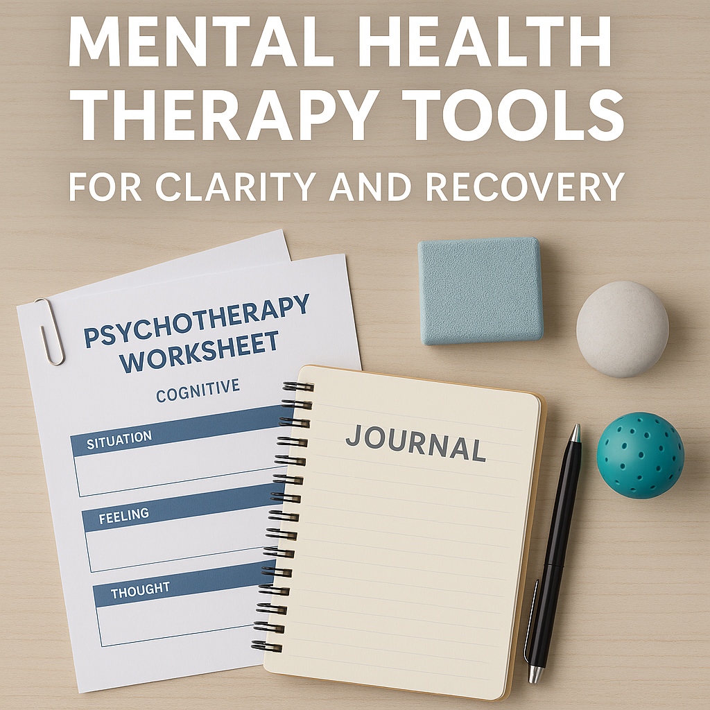 Mental Health Therapy Tools for Clarity and Recovery mental health therapy tools including worksheets, journal, and calming objects