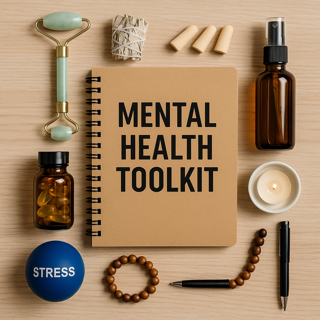mental health toolkit with calming tools and journal