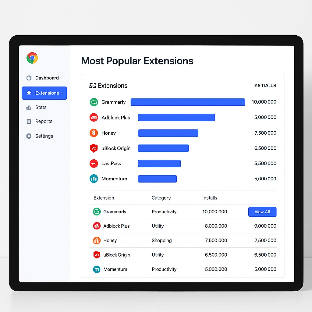 Dashboard Showing Most Popular Extensions in Chrome dashboard showing most popular extensions in Chrome
