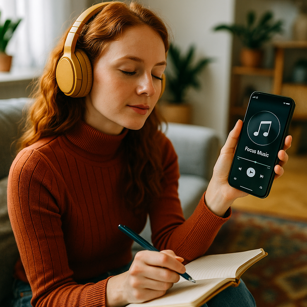 music can help you focus with headphones and calm workspace