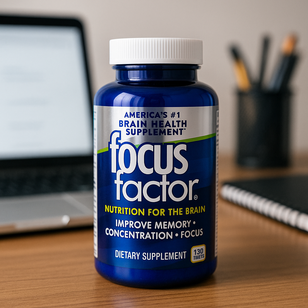 review of Focus Factor supplement bottle on desk