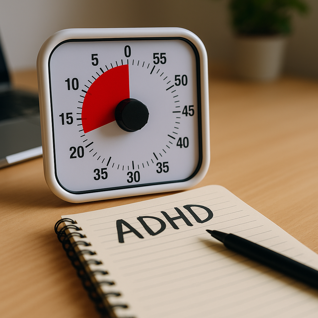 Timer ADHD Setup on Desk Near Notebook visual timer ADHD on desk near notebook