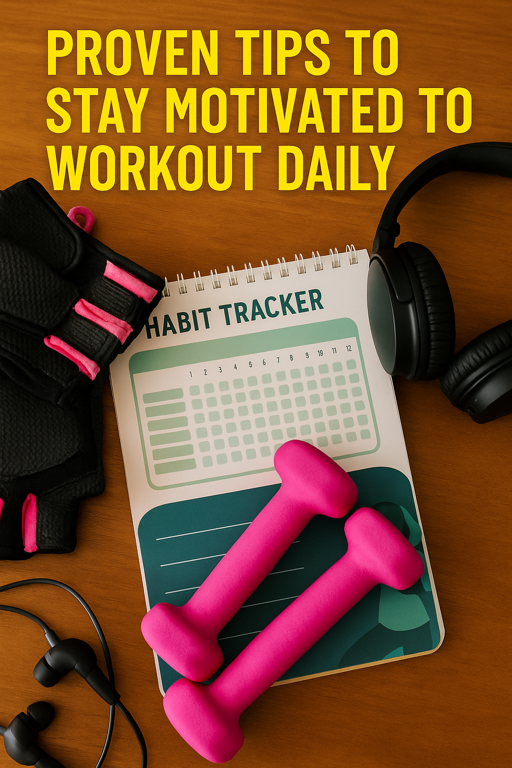 Proven Tips to Stay Motivated to Workout Daily tips to stay motivated to workout with gym gear, habit tracker, and headphones on desk